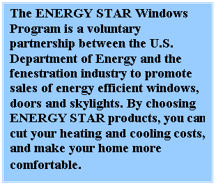 Text Box: The ENERGY STAR Windows Program is a voluntary partnership between the U.S. Department of Energy and the fenestration industry to promote sales of energy efficient windows, doors and skylights. By choosing ENERGY STAR products, you can cut your heating and cooling costs, and make your home more comfortable.